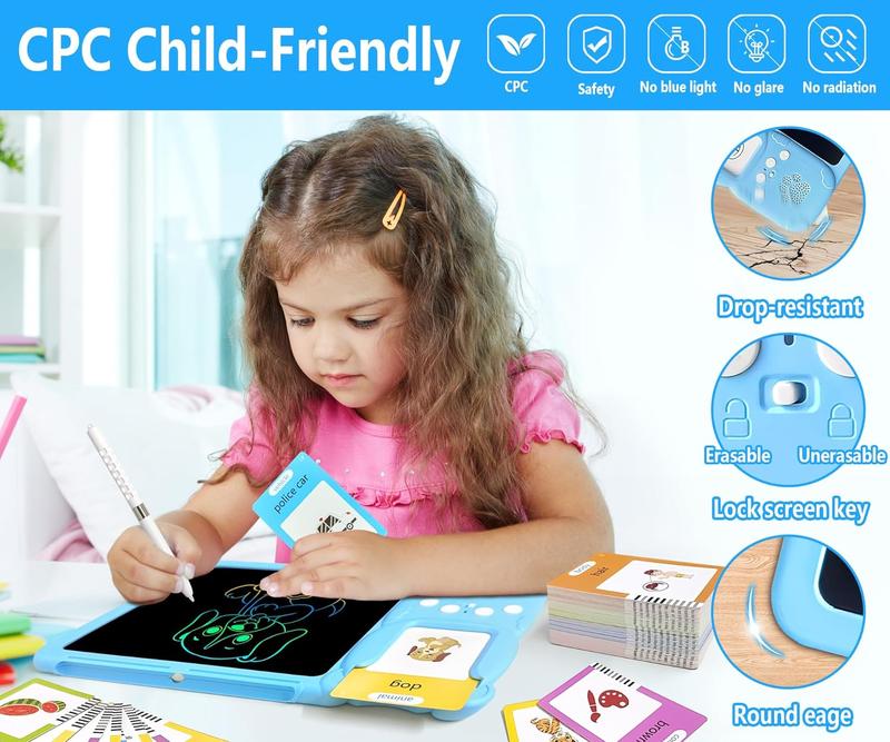 Spanish+English Bilingual Toddler Toy Drawing Tablet with Talking Flash Cards, Drop Resistant LCD Writing Tablet, Visual Speech Flash Card Toy