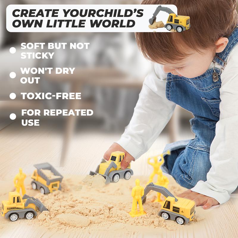 Construction Sand Play Set - Sensory Bin with 3.3lbs Magic Sand, 3 Construction Vehicles, 4 Worker Figures and 12 Road Signs, Sand Box Toys age 4+