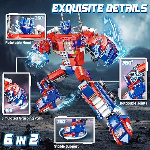 Transforming Building Blocks Set for Adults, Convertible Truck and Robot Building Kit Model, 6 in 2 Building Creative Action Mech Toys Halloween Xmas Gift for Boys and Girls (Blue)