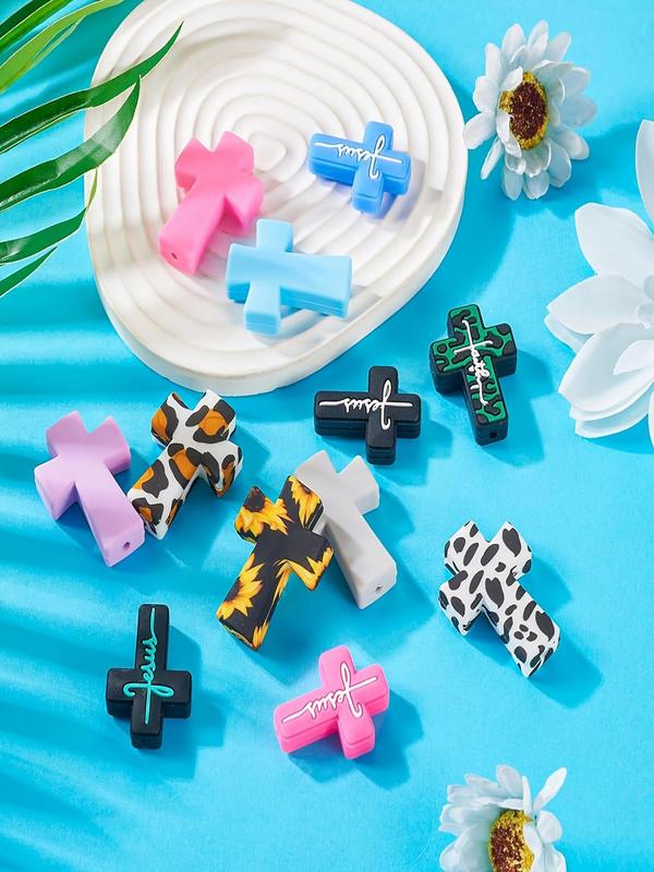 Cross Shaped Silicone Bead, Leopard & Floral Pattern DIY Jewelry Making Bead, DIY Jewelry Making Supplies for Bracelet Necklace Earrings Making