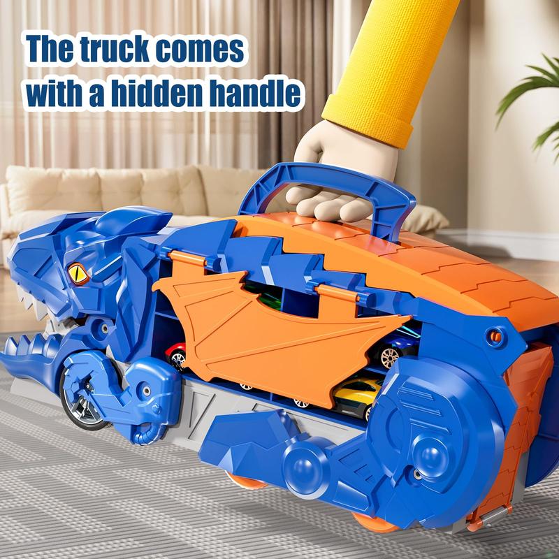 Christmas GiftTransformed Dinosaur Truck Toy with 10 Diecast Racing Cars, Dino Transport Car with Wings and Handle , Birthday Gift for