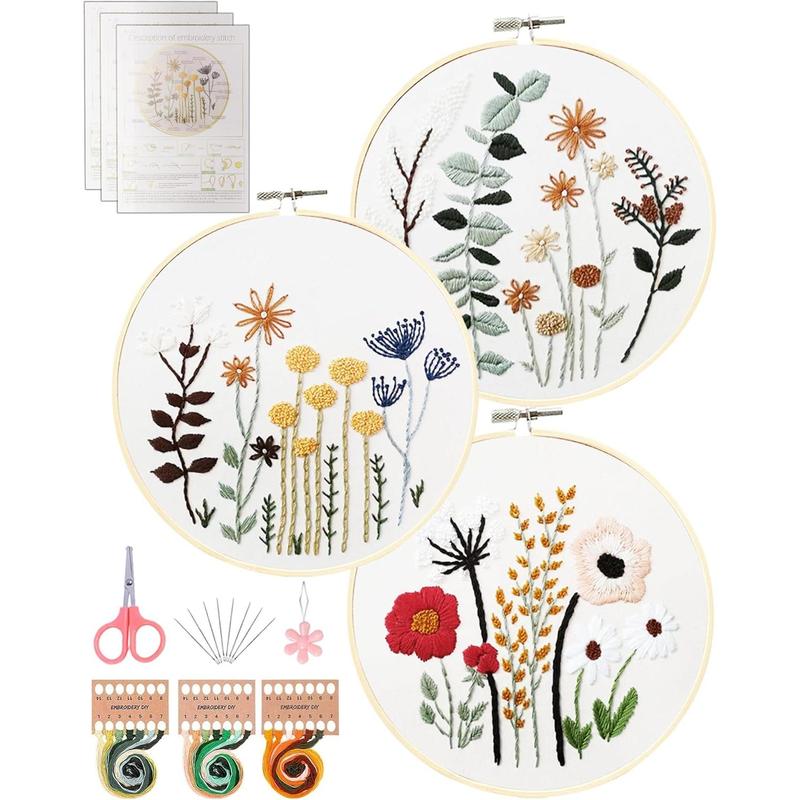 Santune 3 Sets Embroidery Kit,Cross Stitch Kits for Beginners,Needlepoint Kits for Adults with Easy Stamped Floral Pattern Fabric Hand Crafts,Hoop,Needle,Women DIY Hanging Plants,Sewing Hobby