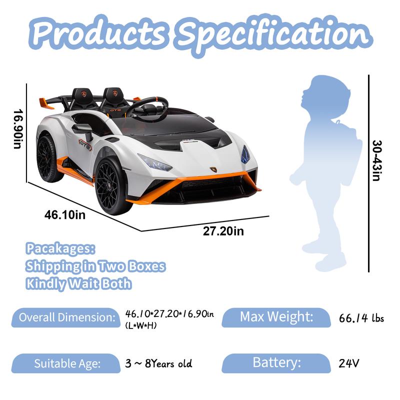 Lamborghini Huracan Sto 24V Kids Electric Ride-On Drift Car,Baby cars,Speeds 1.86-5.59 MPH, Ages 3-8, Foam Front Wheels, 360° Spin, LED Lights, Dynamic Music, Early Learning, USB Port, Drift Feature