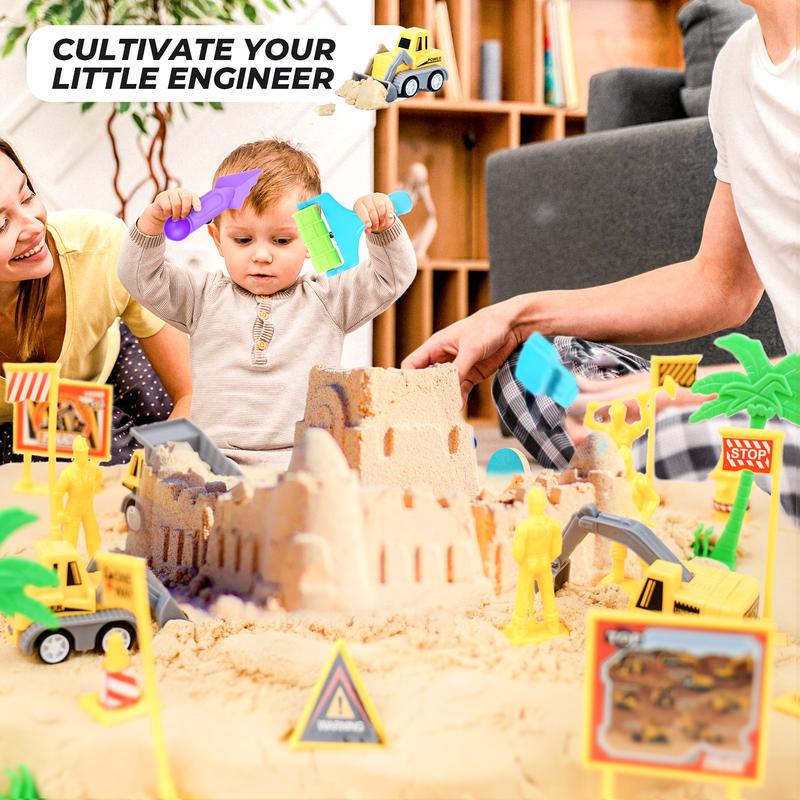 Construction Sand Play Set - Sensory Bin with 3.3lbs Magic Sand, 3 Construction Vehicles, 4 Worker Figures and 12 Road Signs, Sand Box Toys age 4+