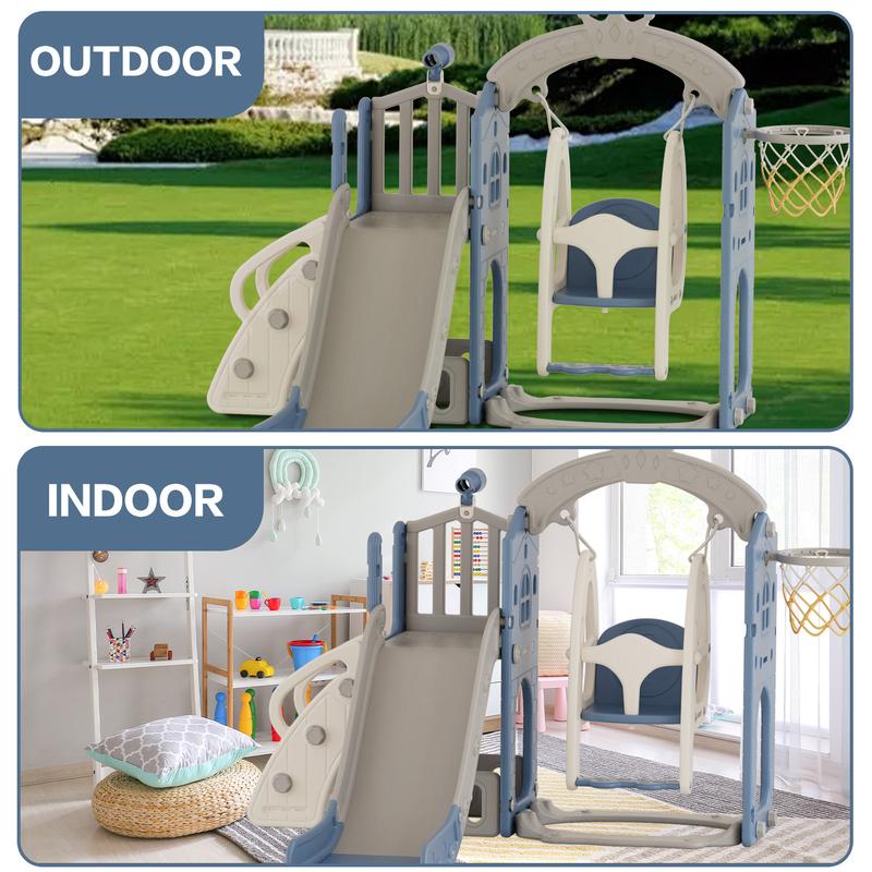 KORIMEFA 6 in 1 Kids' Indoor Outdoor Slide Playset with Swing, Basketball Hoop, Climbing Ladder - Multi-Activity Center for Active Play and Fun for Kids