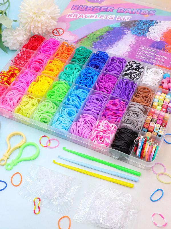 Random Style Rainbow Color Loom Bands Kit, Cute Cartoon Animal & Fruit & Snowflake Charm, Rubber Bands for Bracelet Making Kit, Creativity Birthday Gift Ideal