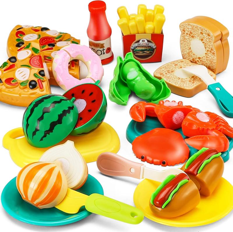 42 Items 87 Pcs Cutting Play Christmas Gift Food Toy for Kids Kitchen Set, Pretend Cooking Fruit Christmas &Vegetables Fast Food