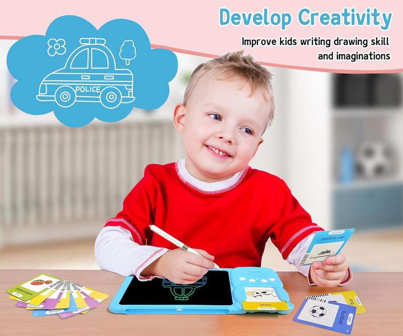 Spanish+English Bilingual Toddler Toy Drawing Tablet with Talking Flash Cards, Drop Resistant LCD Writing Tablet, Visual Speech Flash Card Toy