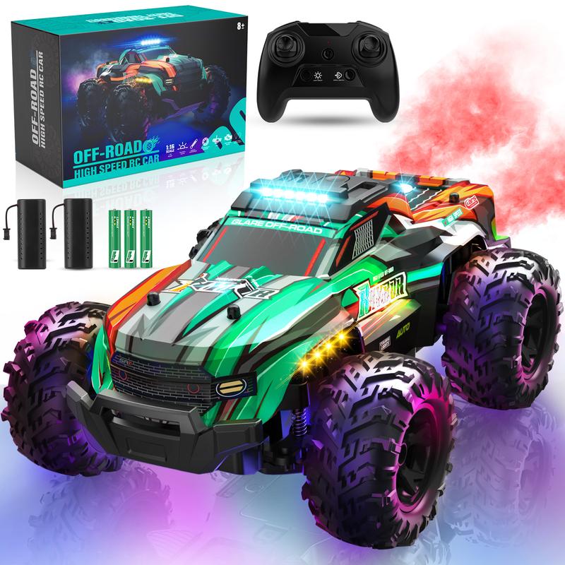 BLUEJAY Remote Control Car, 1:16 All Terrain High Speed RC Cars Truck, Rechargeable Monster RCT with Colorful LED Lights & Spray, RC Cars Toys Gifts.