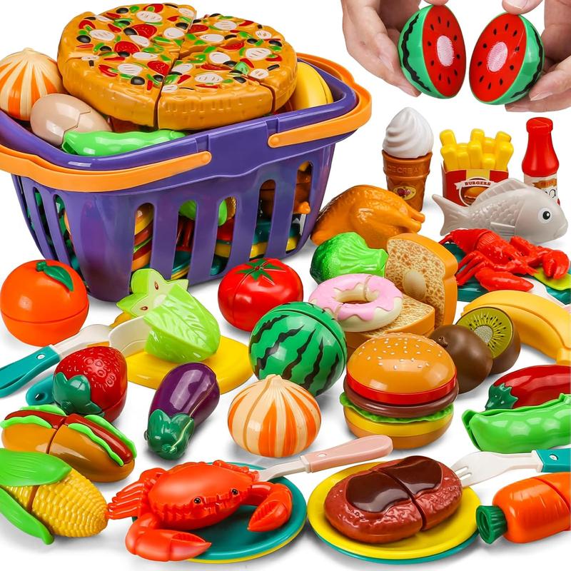 42 Items 87 Pcs Cutting Play Christmas Gift Food Toy for Kids Kitchen Set, Pretend Cooking Fruit Christmas &Vegetables Fast Food