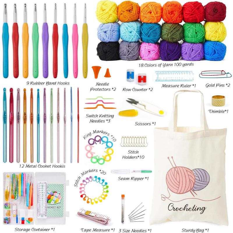 Crochet Kit for Beginners Adults, 18 Large Acrylic Yarn Skeins 1800 Yards Yarn, 105 count Crochet Kit with Hooks Yarn Set,Includes Canvas Tote Bag, Ideal Starter Pack for Kids Professionals