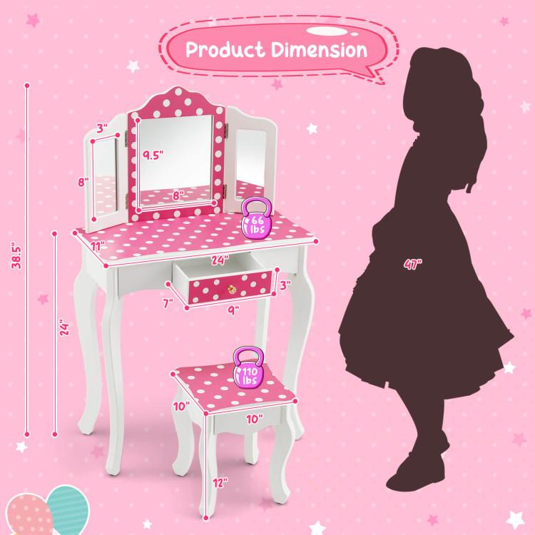 Costway- Vanity Table and Stool Set with Cute Polka Dot Print,Wooden Princess Makeup Dressing Table, Pretend Play Vanity Set for Girls