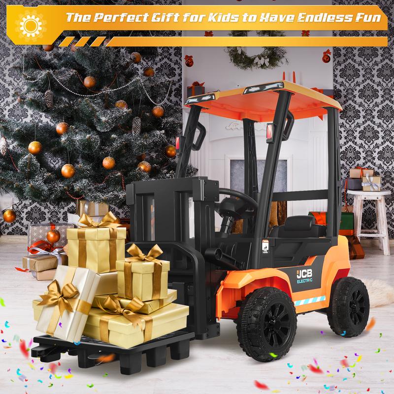 CoCLUB 12V Powered Ride on Car Toy for Kids, JCB kids Ride on Forklift Toy with Lifting Pallet, Remote Control, Removable Car Roof, Joystick, 4 Wheels Electric Construction Car for Boy and Girl