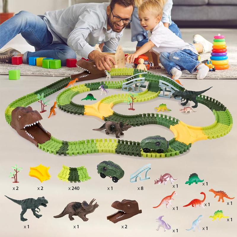 265-Piece Dinosaur Race Car Track Set, 10 Dino Models, 1 Dino Car & Flexible Tracks, dinosaur  playset, Perfect Christmas Gift for Kids Ages 3+