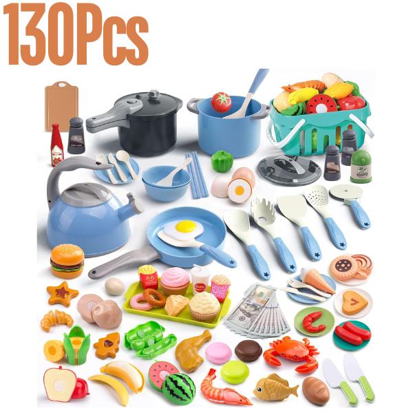 130Pcs Kitchen Playset, Toddler Pretend Cooking Play Pots, Pans,Pretend play, Daily Food Fruit Veges