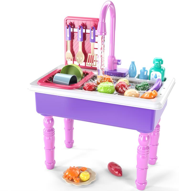 SmartChef Play Kitchen Sink Toys,Pink Electric Dishwasher Playing Toy with Running Water, Play Food & Tableware Accessories, Kitchen Set Toys, Role Play Sink Set