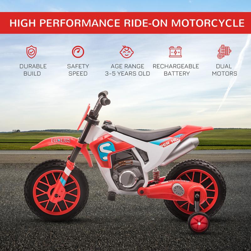 Aosom Kids Motorcycle Dirt Bike Electric Battery-Powered Ride-On Toy Off-road Street Bike with Charging Battery, Training Wheels