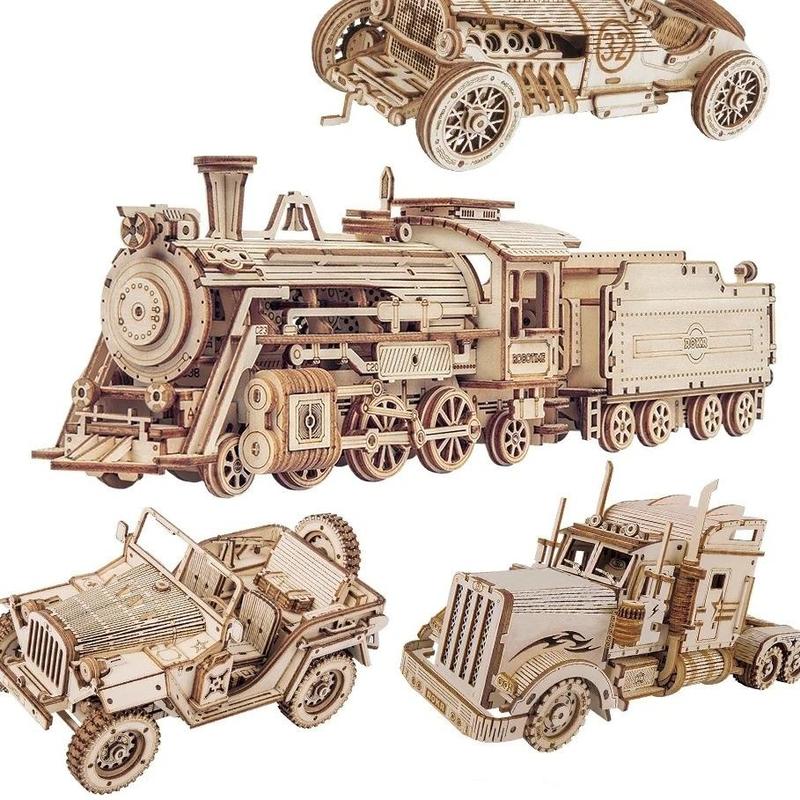 Robotime Rokr 3D Puzzle Movable Steam Train, Car, Best Jeep Assembly Toy Gift for Children & Adult Wooden Model Building Block Kits Birthday Gifts Christmas Gifts Halloween Gifts