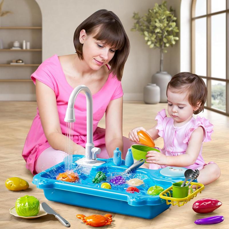 Play Sink with Running Water, Kitchen Sink Toys with Electric Faucet, Play Kitchen Accessories, Kids Role Play Dishwasher Toy for Ages 3 4 5 6 Year Old Toddlers Kids Boys Girls (Blue)