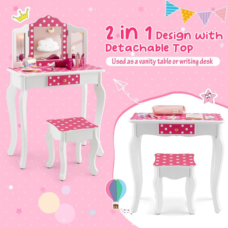 Costway- Vanity Table and Stool Set with Cute Polka Dot Print,Wooden Princess Makeup Dressing Table, Pretend Play Vanity Set for Girls