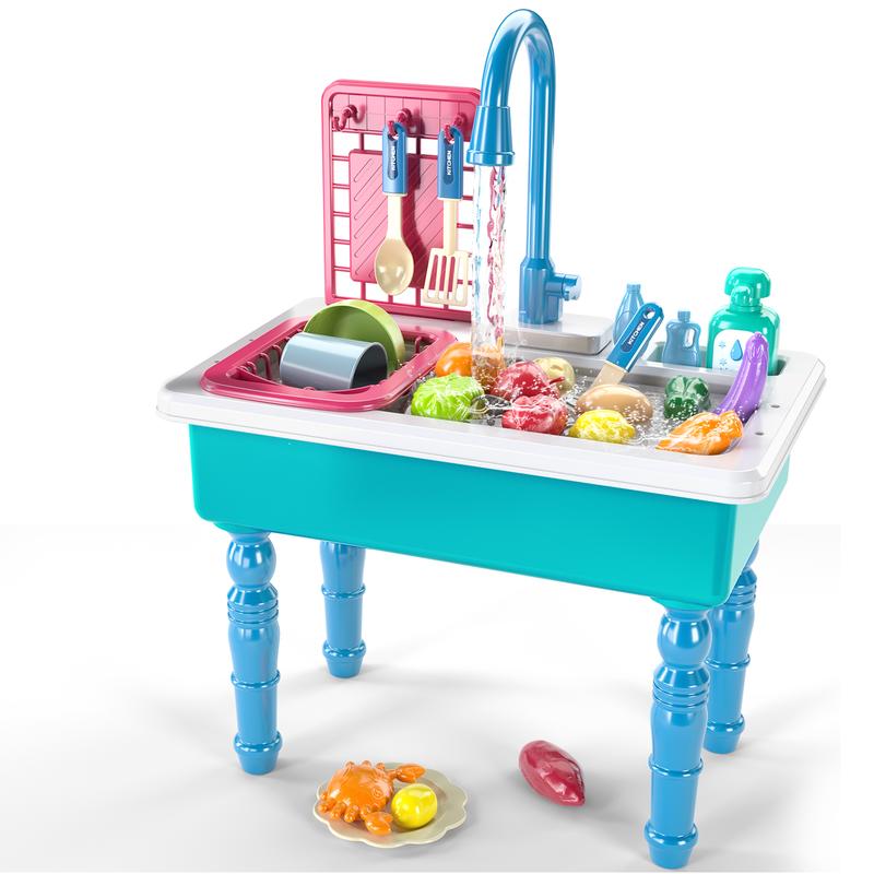 SmartChef Play Kitchen Sink Toys,Pink Electric Dishwasher Playing Toy with Running Water, Play Food & Tableware Accessories, Kitchen Set Toys, Role Play Sink Set