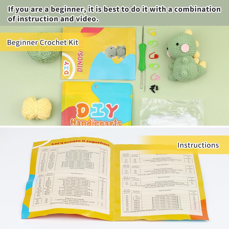 Dinosaur Shaped Crochet Starter Kit, Crochet Initiation Kit with Step-by-step Video, DIY Craft Art Kit for Beginners