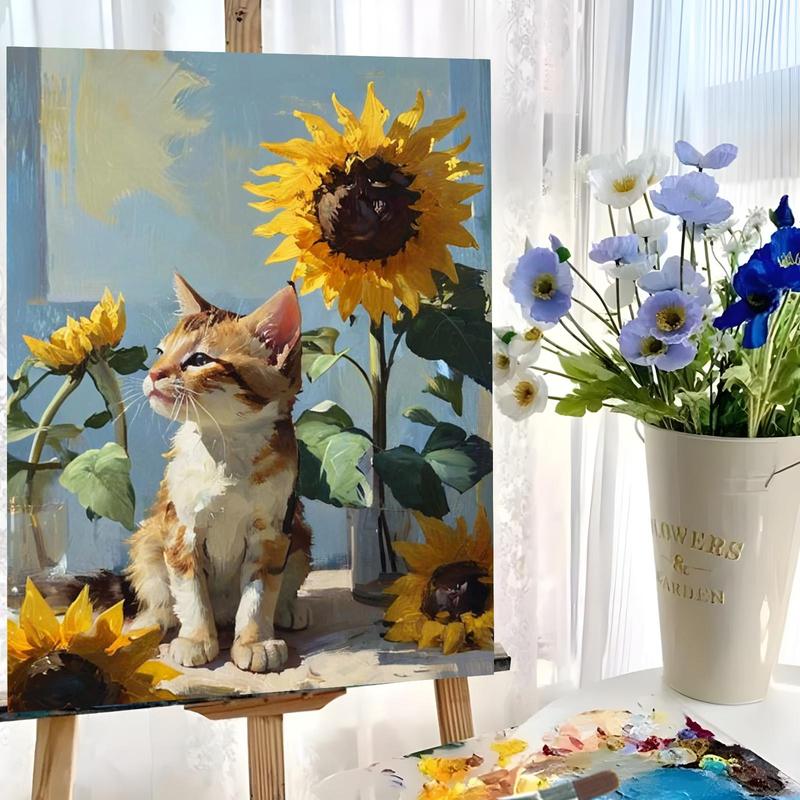 Sunflower & Cat Pattern DIY Painting By Numbers Kit Without Frame, 1 Set DIY Paint By Numbers Kit, Wall Art Decoration for Home Living Room Bedroom