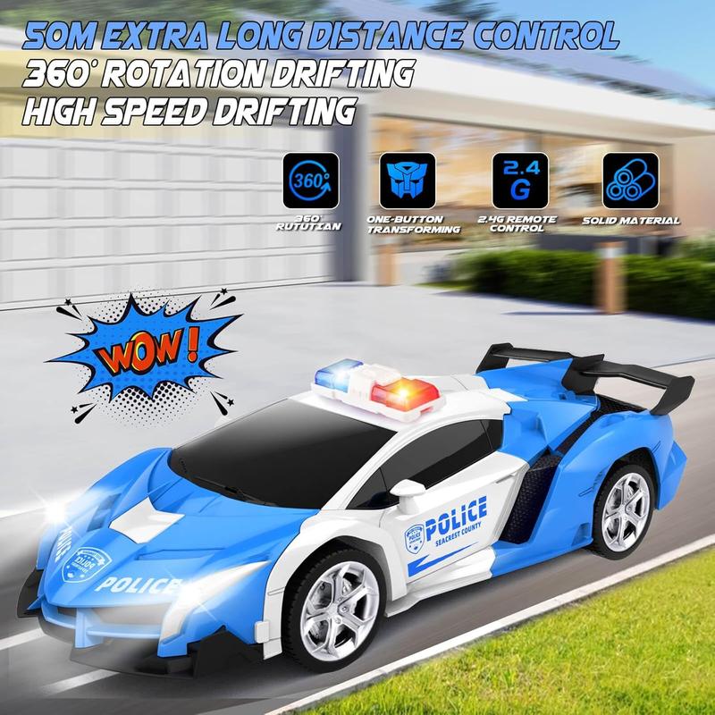 Transform Remote Control Car - Rc Cars, One-Button Transforming, 360 Rotation Drifting, 2.4ghz 1:18 Scale, Gift Kids Aged 4-6 Year Old Boys Girls, Police Car Blue