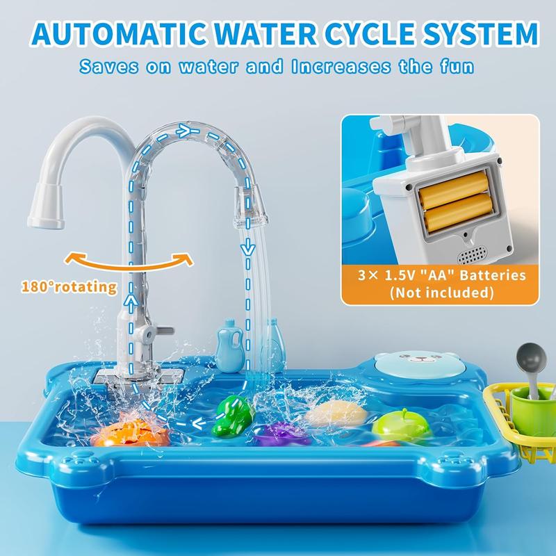 Play Sink with Running Water, Kitchen Sink Toys with Electric Faucet, Play Kitchen Accessories, Kids Role Play Dishwasher Toy for Ages 3 4 5 6 Year Old Toddlers Kids Boys Girls (Blue)