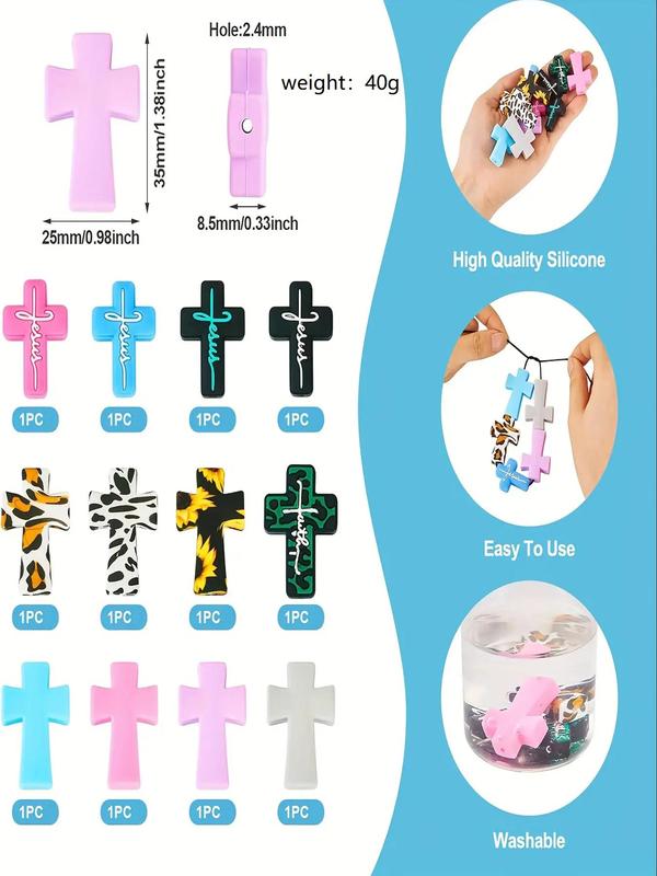 Cross Shaped Silicone Bead, Leopard & Floral Pattern DIY Jewelry Making Bead, DIY Jewelry Making Supplies for Bracelet Necklace Earrings Making