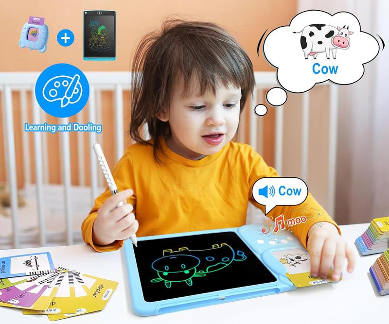 Spanish+English Bilingual Toddler Toy Drawing Tablet with Talking Flash Cards, Drop Resistant LCD Writing Tablet, Visual Speech Flash Card Toy