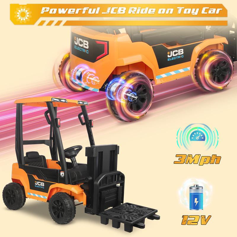 CoCLUB 12V Powered Ride on Car Toy for Kids, JCB kids Ride on Forklift Toy with Lifting Pallet, Remote Control, Removable Car Roof, Joystick, 4 Wheels Electric Construction Car for Boy and Girl