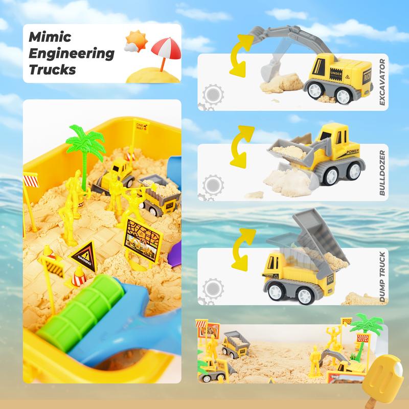 Construction Sand Play Set - Sensory Bin with 3.3lbs Magic Sand, 3 Construction Vehicles, 4 Worker Figures and 12 Road Signs, Sand Box Toys age 4+