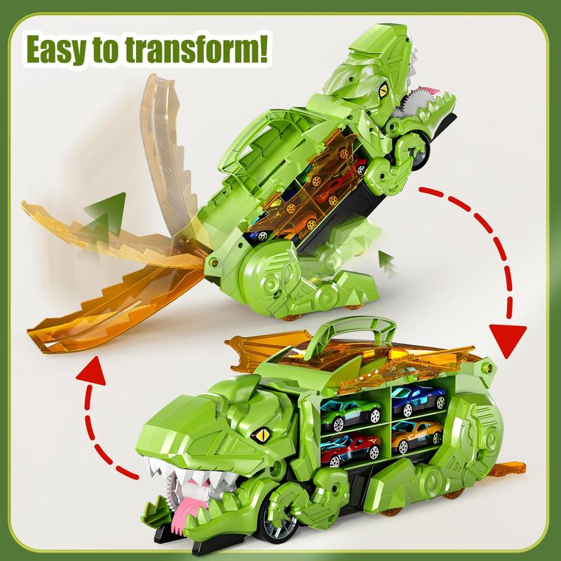 Christmas GiftTransformed Dinosaur Truck Toy with 10 Diecast Racing Cars, Dino Transport Car with Wings and Handle , Birthday Gift for