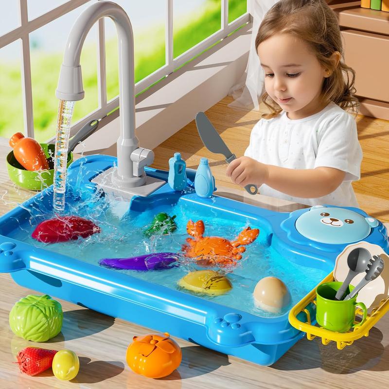 Play Sink with Running Water, Kitchen Sink Toys with Electric Faucet, Play Kitchen Accessories, Kids Role Play Dishwasher Toy for Ages 3 4 5 6 Year Old Toddlers Kids Boys Girls (Blue)