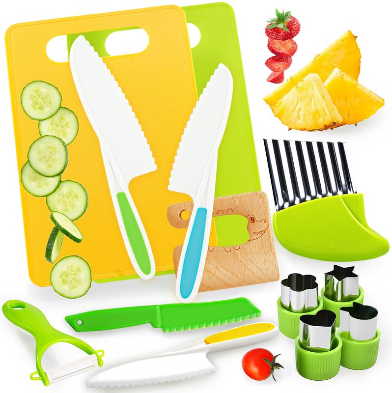 Child's Knife Set for Real Cooking - 19 Pieces Child's Cooking Set Real Montessori Kitchen Tools - Child's Safe Knife with Wooden Knife Safe Serrated Edges Plastic Knife,Cutting Board,Crinkler Block Knife Block Birthday Chopping Shaped