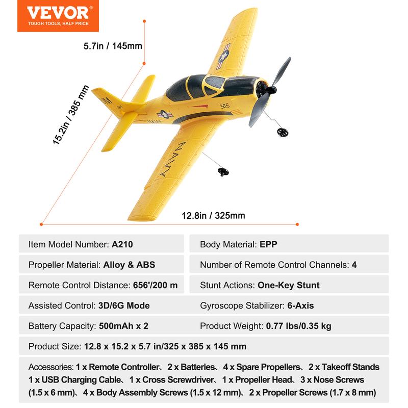 VEVOR RC Plane, 2.4GHZ 4 Channel Remote Control Airplane with 6-Axis Gyro Stabilizer, Ready to Fly Trainer Aircraft Plane Toy with 2 Batteries, Easy to Fly RC Glider for Adults Kids Beginners Boys