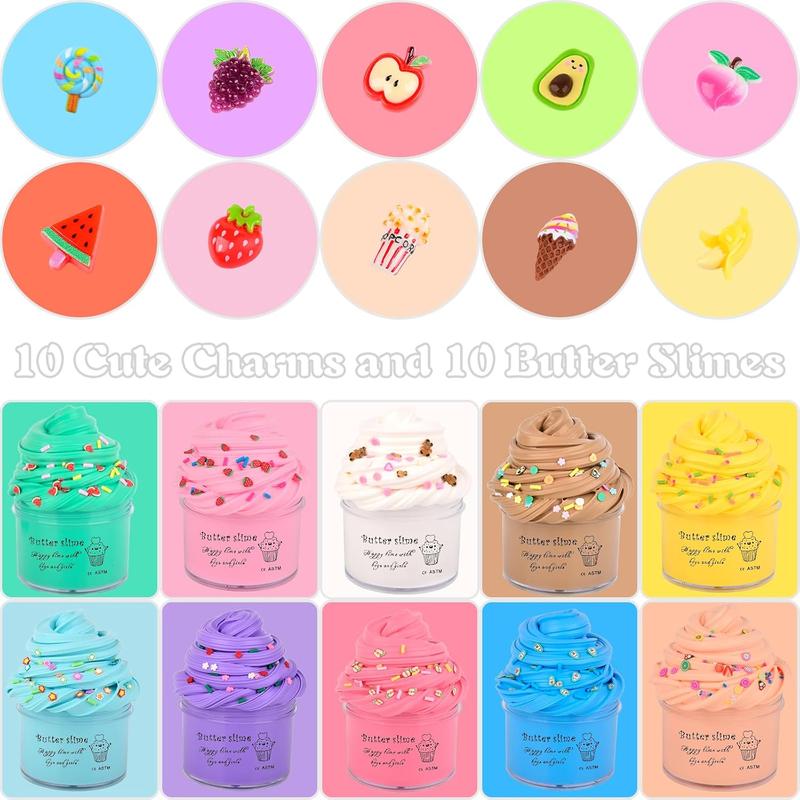 Premium Scented Butter Slime,10 Pack Slime,with Peachybbies,Watermelons,Apples and More Charms,10 Fun Slime Add Ins,Pre-Made Slime for Kids,Great 6 Year Old Toys,Super Soft Sludge Toy.Super Mini