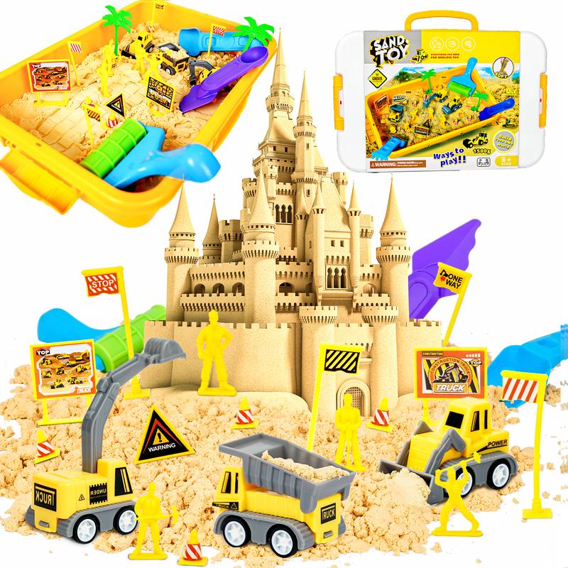 Construction Sand Play Set - Sensory Bin with 3.3lbs Magic Sand, 3 Construction Vehicles, 4 Worker Figures and 12 Road Signs, Sand Box Toys age 4+