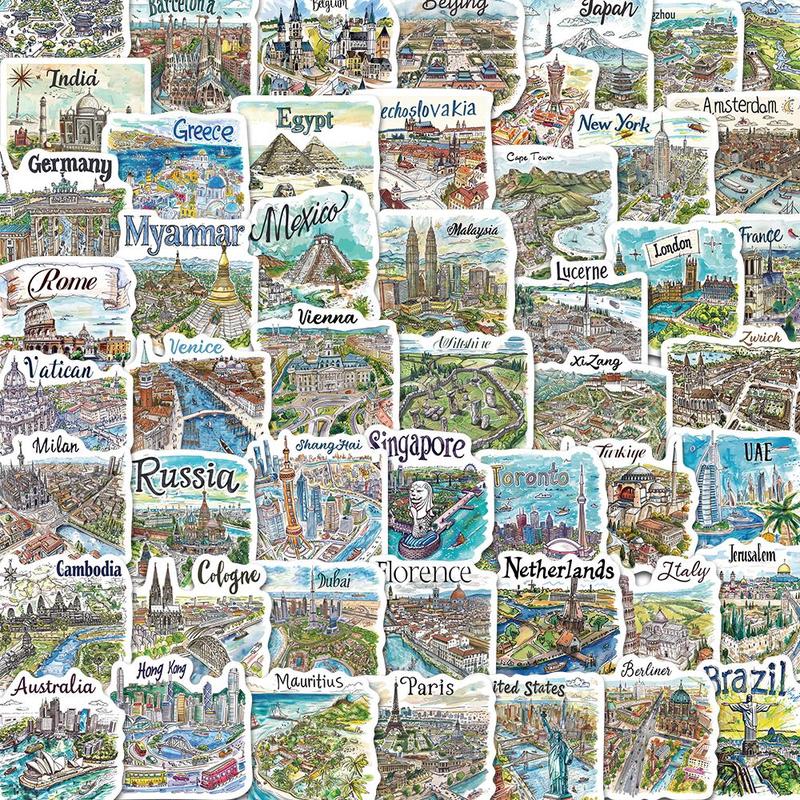 Travel Map Pattern Sticker (50pcs), Self Adhesive Decorative Stickers, DIY Decals for Water Bottle, Laptop, Phone Case, Scrapbooking, Journal Making