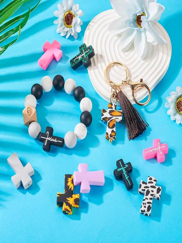 Cross Shaped Silicone Bead, Leopard & Floral Pattern DIY Jewelry Making Bead, DIY Jewelry Making Supplies for Bracelet Necklace Earrings Making