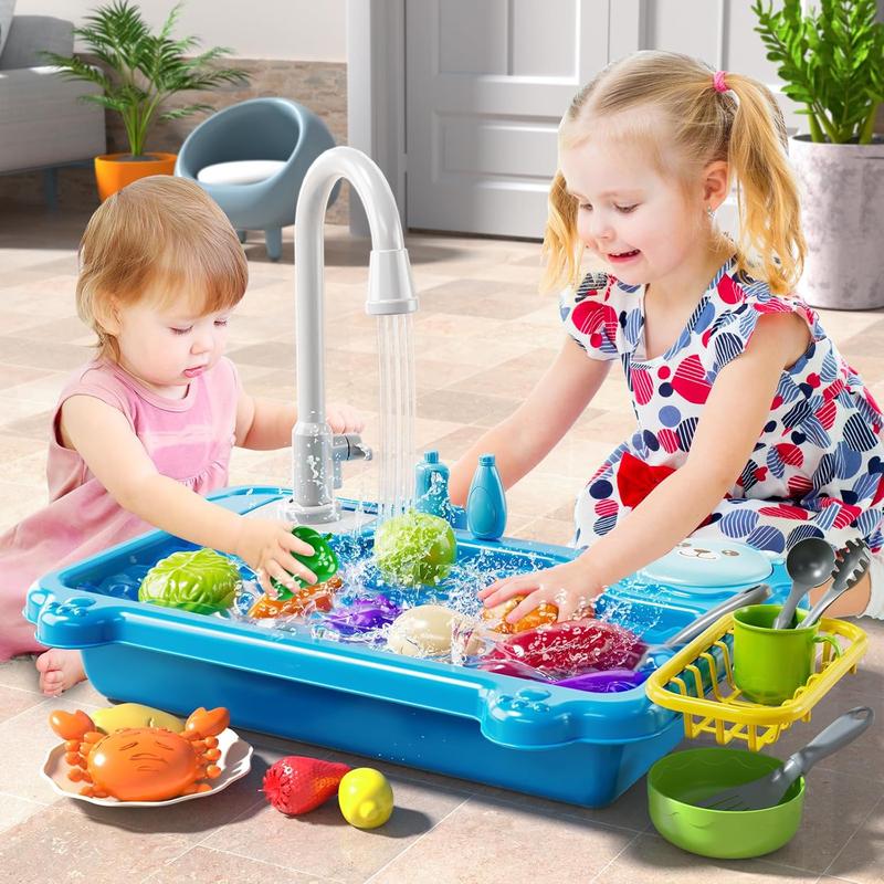 Play Sink with Running Water, Kitchen Sink Toys with Electric Faucet, Play Kitchen Accessories, Kids Role Play Dishwasher Toy for Ages 3 4 5 6 Year Old Toddlers Kids Boys Girls (Blue)