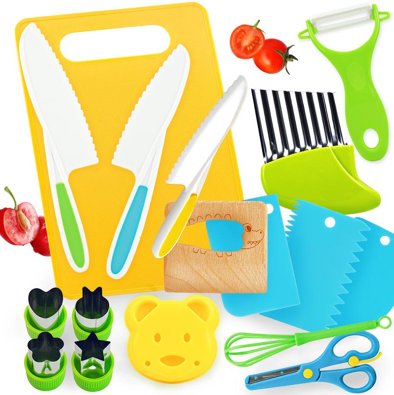 Child's Knife Set for Real Cooking - 19 Pieces Child's Cooking Set Real Montessori Kitchen Tools - Child's Safe Knife with Wooden Knife Safe Serrated Edges Plastic Knife,Cutting Board,Crinkler Block Knife Block Birthday Chopping Shaped