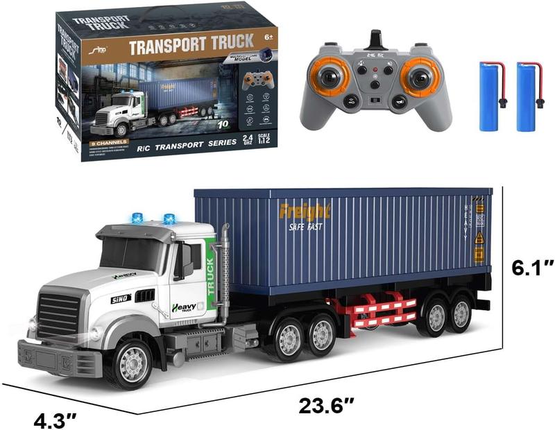 Remote Control Semi Truck with Traile 23.6 Inch 9 Channel RC Semi Truck Toy for Kids,1:24 Container Truck with 2 Batteries,Van Transport Vehicle with Lights & Music