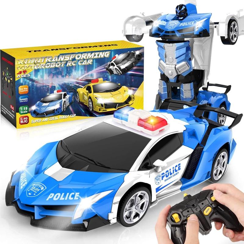 Transform Remote Control Car - Rc Cars, One-Button Transforming, 360 Rotation Drifting, 2.4ghz 1:18 Scale, Gift Kids Aged 4-6 Year Old Boys Girls, Police Car Blue