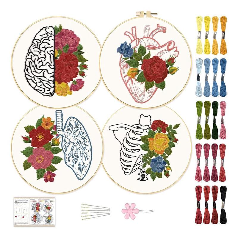 Heart & Flower Pattern Embroidery Kit, 4 Counts set Embroidery Kit with Random Color Tools, DIY Embroidery Kit for Home Decoration