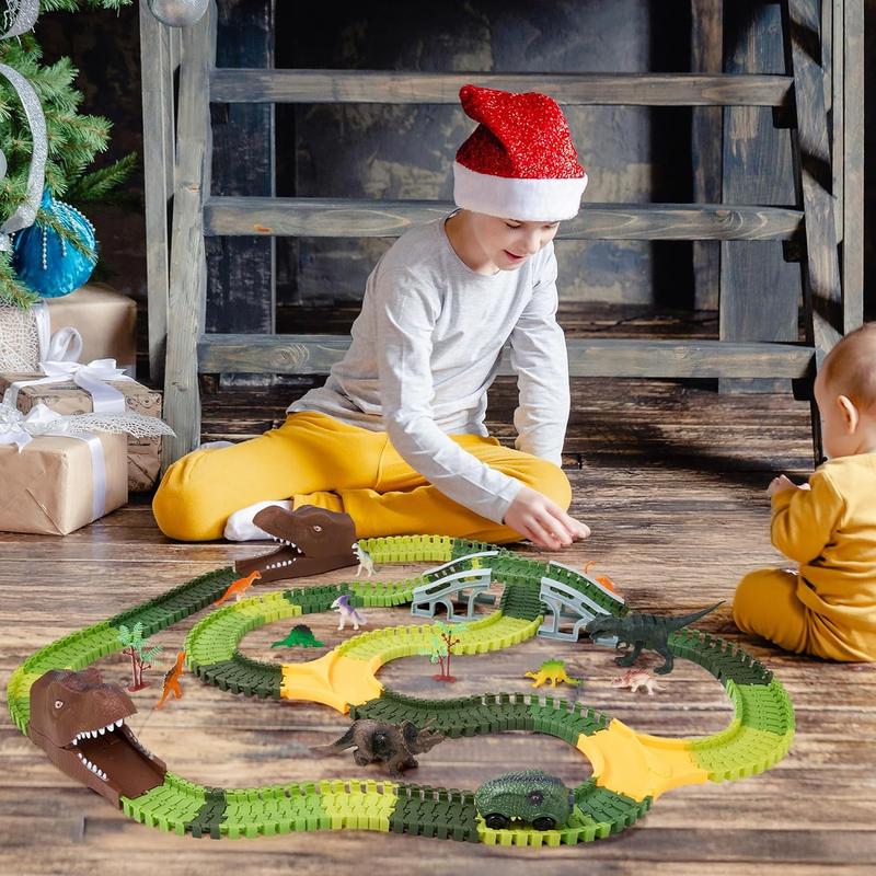 265-Piece Dinosaur Race Car Track Set, 10 Dino Models, 1 Dino Car & Flexible Tracks, dinosaur  playset, Perfect Christmas Gift for Kids Ages 3+