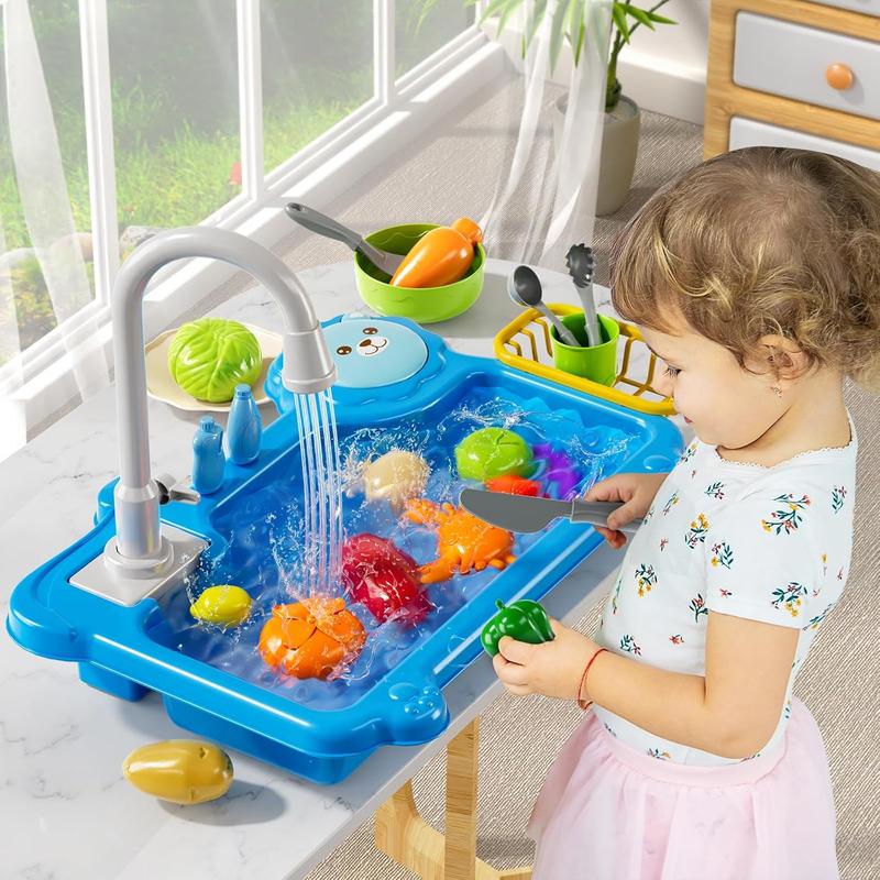 Play Sink with Running Water, Kitchen Sink Toys with Electric Faucet, Play Kitchen Accessories, Kids Role Play Dishwasher Toy for Ages 3 4 5 6 Year Old Toddlers Kids Boys Girls (Blue)