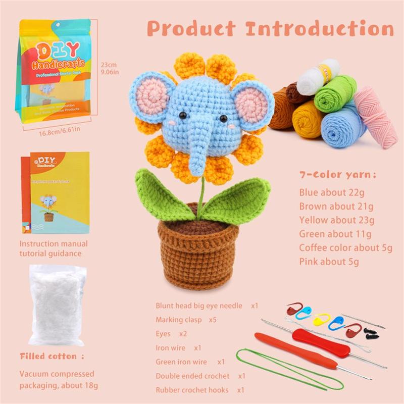 Crochet Kit for Beginners with Video Tutorial - Elephant Flower Design - DIY Knitting Supplies for Adults and Kids Manifest