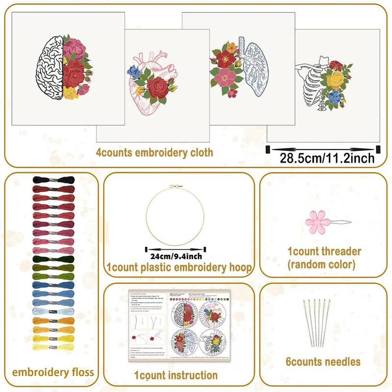 Heart & Flower Pattern Embroidery Kit, 4 Counts set Embroidery Kit with Random Color Tools, DIY Embroidery Kit for Home Decoration